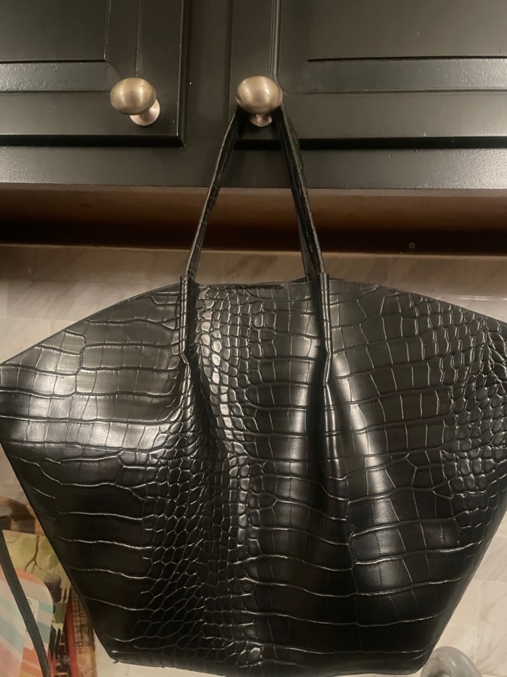 Black Croc-Embossed Tote Bag